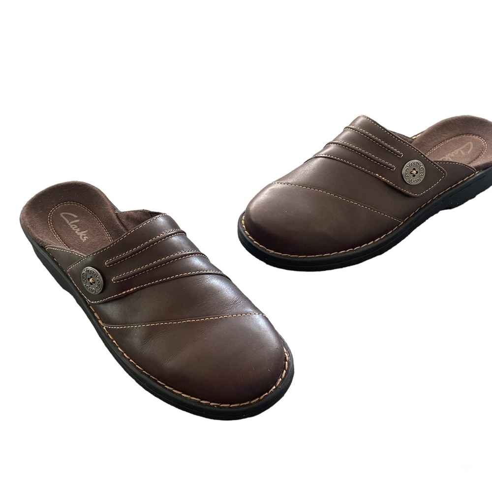 Clarks Women’s Brown Leather Slip On Mule Clog Shoes Size 8